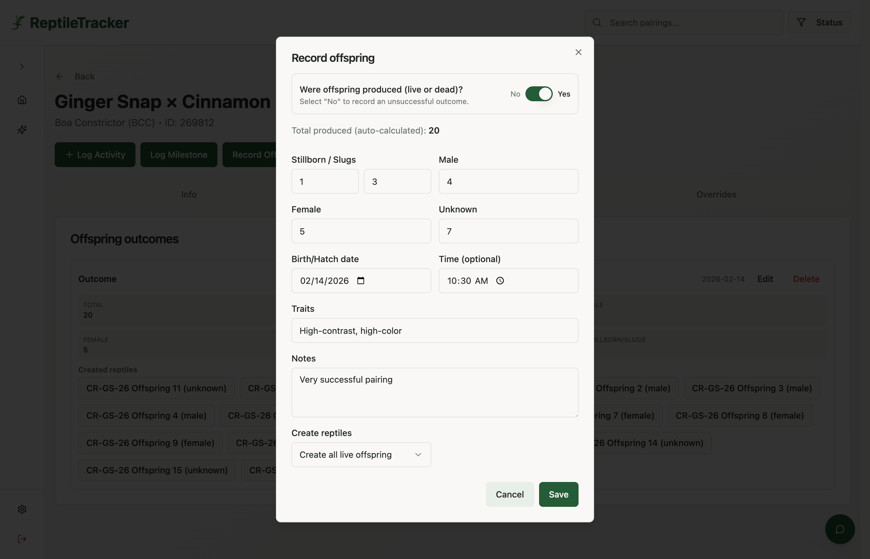 Offspring recording modal showing clutch counts and auto-generation settings